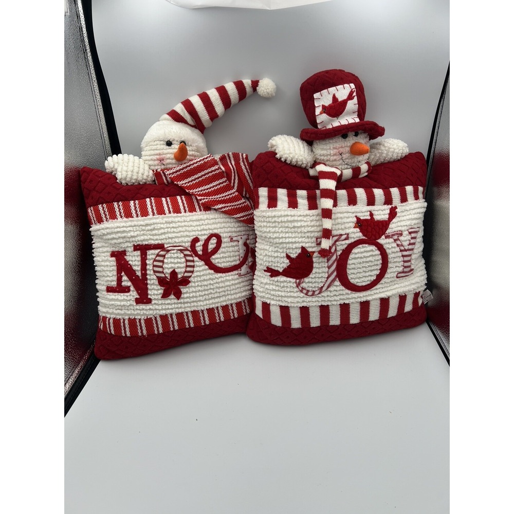 Square Christmas Snowman Throw Pillow Red White Embroidered Textured Seasonal